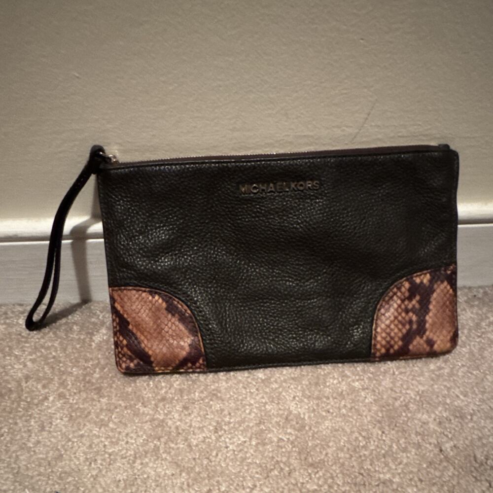 Michael Kors Black Pebbled Leather Clutch Gold Hardware Zip Closure Snake Print